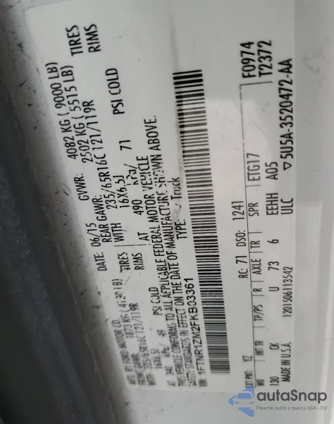 2015 Ford Transit T-250 z USA, uszkodzony, nr VIN 1FTNR1ZM2FKB03361